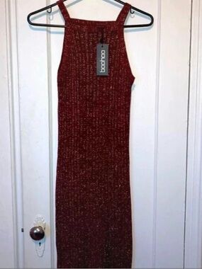Boohoo Burgundy Metallic Ribbed Midi Dress